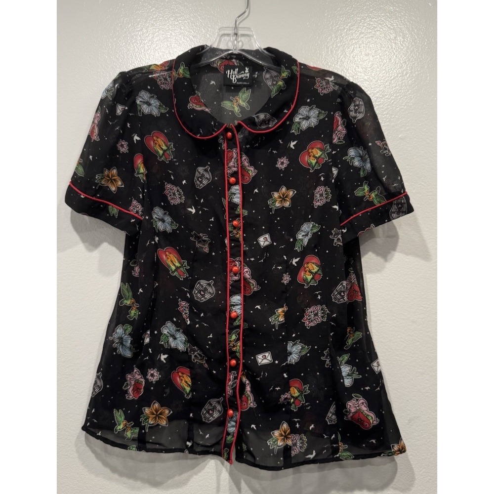 Hell Bunny Lovebird Blouse Retro 50s Rockabilly Sheer Parrots Size Large UK14